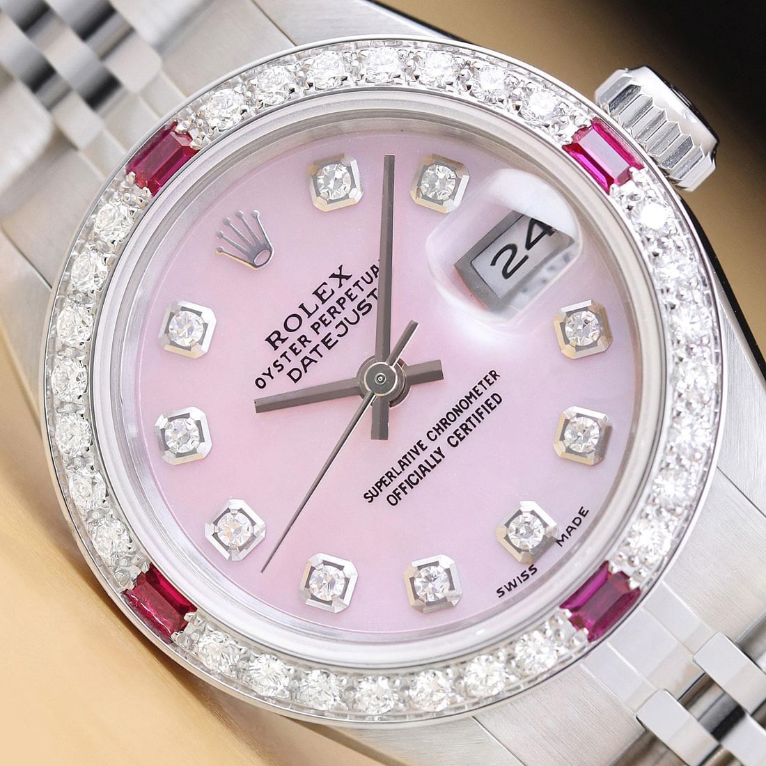 ROLEX DATEJUST 69174 PINK MOTHER OF PEARL DIAL 18K GOLD STEEL DIAMOND RUBY WATCH (1 of 2)