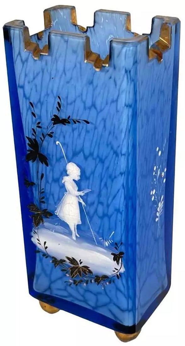 Antique Victorian Mary Gregory Blue White Cased Glass Gilt Parapet Footed Vase (1 of 15)