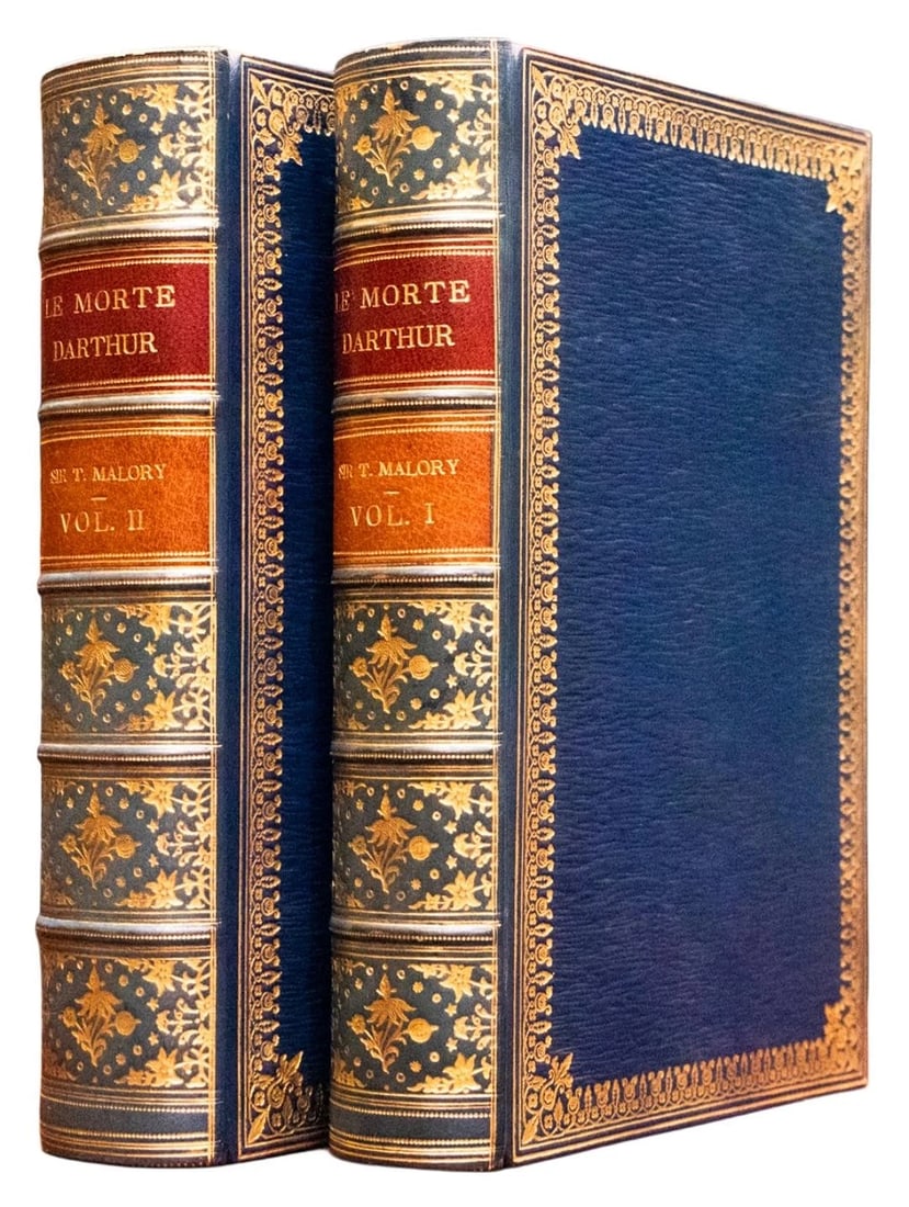 1925 King Arthur & His Noble Knights of the Round Table Leather Bound by Riviere: THIS COMPLETE TWO VOLUME SET IS IN NEAR FINE CONDITION BEAUTIFULLY BOUND BY RIVIERE IN FULL STRAIGHT GRAIN MOROCCO WITH BRIGHT GILT RULE, DETAILS AND TURN INS TO BOARDS, SIX COMPARTMENTS AND FIVE RAIS