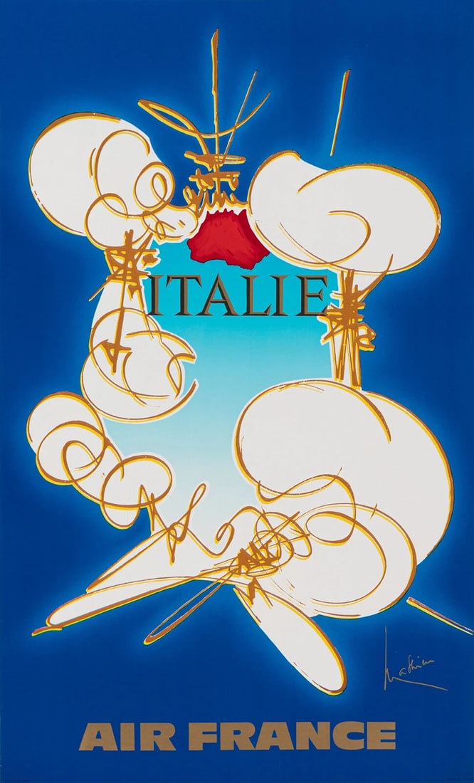 Original Vintage Poster - Mathieu G. - Air France - Italy - Aviation - 1967: Condition: Used,Artist: Georges Mathieu,Unit of Sale: Single-Piece Work,Size: Large (up to 60in.),Color: Blue - White - Red,Date of Creation: 1950-1969,Original/Licensed Reprint: Original,Subject: Air