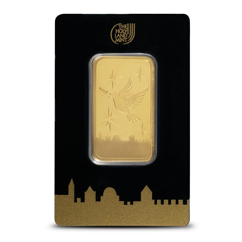 1 oz The Holy Land Mint Gold Bar (New w/ Assay): Certification: Assay Card,Shape: Bar,Brand/Mint: The Holy Land Mint,Country/Region of Manufacture: Israel,Precious Metal Content per Unit: 1.00000,Fineness: 0.9999,Composition: Gold