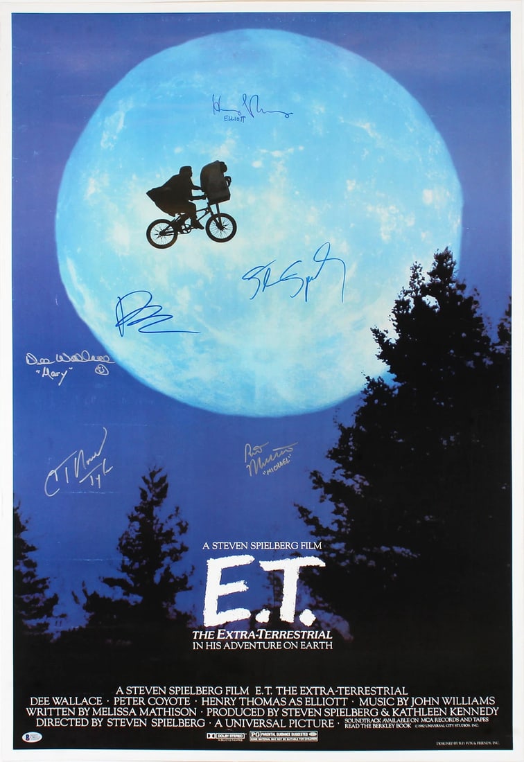E.T. (6) Spielberg, Barrymore Signed 26.5x38.5 Linen Backed Poster BAS #C96113: Industry: Movies,Object Type: Poster,Original/Reproduction: Original,Autograph Authentication: Beckett,PRODUCT_COA: Beckett,PRODUCT_SIGNED_BY_NAME: Steven Spielberg, Drew Barrymore, Henry Thomas, Dee