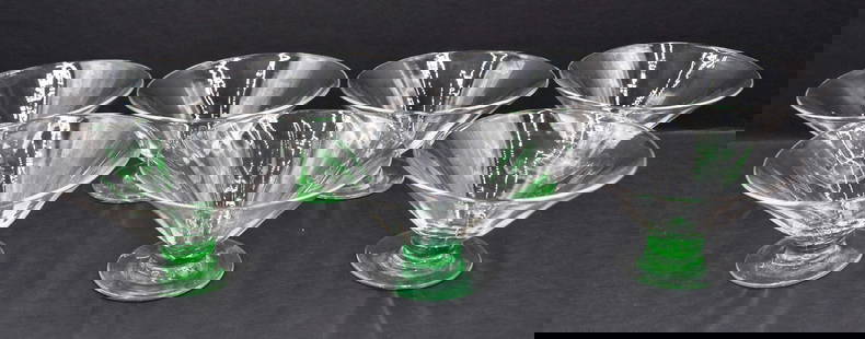 Set of 7 Art Glass Steuben Ponoma Green Foot & Clear Glass Bowl - V Shaped, Deco: Measures 5" diameter by 2 3/4" high. . Condition: Used,Brand: Steuben,Type: Bowl,Theme: Pomona,Material: Glass