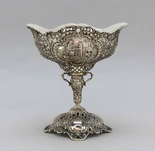 Ornate Antique German Pedestal Bowl w/ Original Glass Insert No Mono 7 in Tall: Measurements— Dimensions of base: 4 1/2 inches x 3 3/4 inchesHeight of whole piece: 7 inchesWeight of silver: 276 grams or 9.7 ouncesTotal Weight: 513 grams or 18 ounces. Type: Pedestal Bowl,Age: