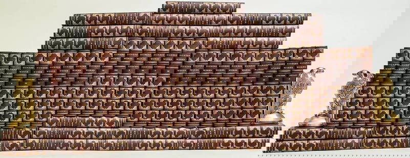 c1890 Works of Charles Dickens 46 Vols Cruikshank Edition Limited Fine Leather: THIS FORTY-SIX VOLUME SET IS IN VERY GOOD+ CONDITION BEAUTIFULLY BOUND BY ESTES & LAURIAT IN 3/4 CRUSHED MOROCCO WITH MARBLED BOARDS, SIX COMPARTMENTS AND FIVE RAISED BANDS TO SPINE WITH BRIGHT GILT