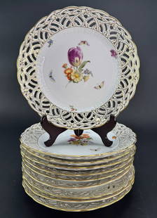 Set 9 c1890s KPM Reticulated Pierced 9" Hand Painted Plates Flowers Butterflies: Each plate is signed with the KPM sceptre mark in blue, with KPM in red beneath.Each plate measures about 9 inches in diameter.. Condition: Used: An item that has been used previously. The item may