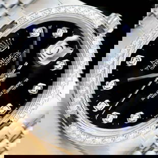 MENS ROLEX DATEJUST BLACK DIAMOND SAPPHIRE 18K WHITE GOLD STEEL WATCH: This is an authentic Rolex watch with a Rolex dial with added custom diamond markers, custom stainless steel jubilee bracelet, and custom 18K white gold sapphire diamond bezel.Descriptions: