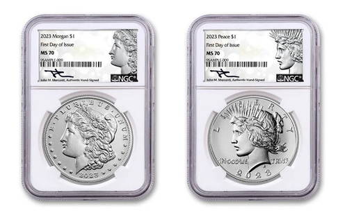 2023 $1 Morgan & Peace Dollar 2 Coin Set NGC MS70 First Day of Issue Mercanti: Composition: Silver,Certification Number: Actual Cert #'s Will Vary,Fineness: 0.999,Strike Type: Mint State,Grade: MS 70,Precious Metal Content per Unit: 0.859 oz,Brand/Mint: Philadelphia