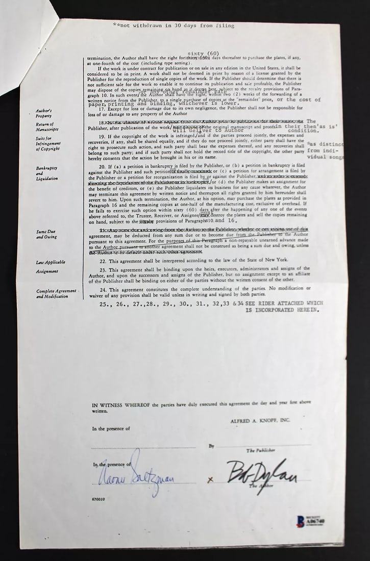 Bob Dylan Signed 1972 2 Pg "Writings & Drawings" Publishing Contract BAS #A06740: PRODUCT_COA: BAS,PRODUCT_SIGNED_BY_NAME: Bob Dylan