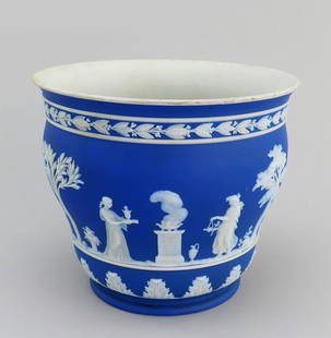 Gorgeous Wedgwood Jasperware Blue Round Planter Classical Greek Scenes 7" Across: Condition: Used: An item that has been used previously. The item may have some signs of cosmetic wear, but is fully operational and functions as intended. This item may be a floor model or store