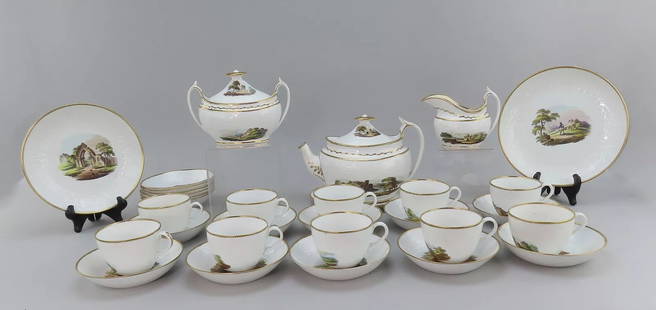 Antique c1800 32-Piece Porcelain Tea Set Hand Painted English Countryside: Condition: Used: An item that has been used previously. The item may have some signs of cosmetic wear, but is fully operational and functions as intended. This item may be a floor model or store