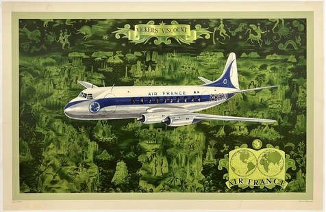 Original Vintage Poster AIR FRANCE VICKERS VISCOUNT Airline Travel Tourism LINEN: Condition: Used,Type: Poster,Airline: Air France,Country/Region of Manufacture: France,Modified Item: No