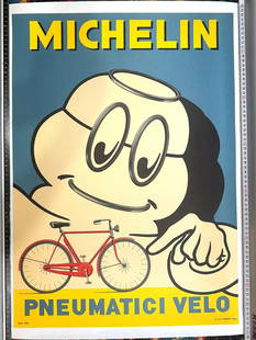 MICHELIN BIBENDUM AUTHENTIC ORIGINAL 1959 PRINT ITALIAN BICYCLE POSTER ON LINEN: Condition: Used,Artist: ATAR,Size: Medium,Date of Creation: 1959,Region of Origin: ITALY,Framing: UnframedYear of Production: 1959,Width (Inches): 19,Item Height: 27 in,Style: VINTAGE,Features: 1st