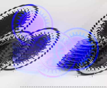 Set of 12 Blue Cobalt Val St. Lambert Cut to Clear Glass Dessert Plates, C1940: Condition: Used,Brand: Lambert,Type: Dessert Plate,Color: Clear,Set Includes: Plate Set,Year Manufactured: 1940,Material: Glass,Production Style: Cut Glass