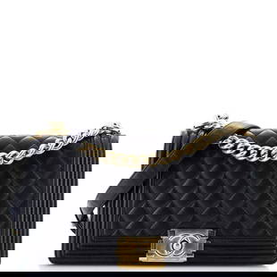 Chanel Boy Flap Bag Quilted Lambskin Old Medium: Condition: Pre-owned,Brand: Chanel,Exterior Material: Leather,Style: Shoulder Bags,Exterior Color: Black,Department: Women,Size: Old Medium,Accessories: Dust Bag, Authenticity Card