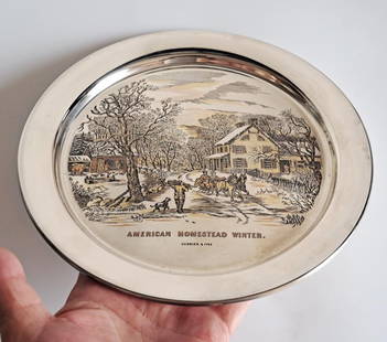 Collectible 24K Gold and Copper on solid Sterling silver 1975 REED and BARTON "American Homestead: Collectible 24K Gold and Copper on solid Sterling silver 1975 REED and BARTON "American Homestead Winter" Limited Edition plate. Weight 235.1 grams. Measured 8 inches in diameter. The Danbury Mint. 19