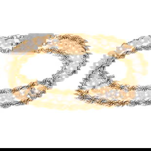 14K Gold with Tripple strand pearl Bracelet: 14K yellow gold triple strand bracelet featuring two gold rope strands centering a strand of cultured pearls measuring approx. 5.0 - 5.4 mm, Florentine finish box clasp, 7 1/4 in. L, 31.6 grams
