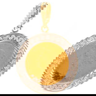 14K Gold Eagle Coin & Diamond Pendant: 14K yellow gold pendant featuring 1897 $10 Gold Eagle coin set in wide diamond frame featuring well matched full cut diamonds weighing approx. 3.10 ctw bead set in high polish frame, hinged bail, 1