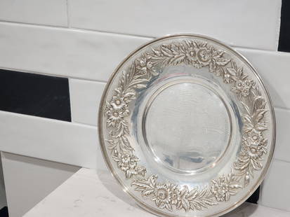 S. Kirk & Son Sterling Tray: A remarkable Sreling silver platter, Model#727, 10 In. Diam. Etched on the back says S Kirk & Sons Sterling 727,The etched design around the boarder is really excyisite. 11.45 ozt