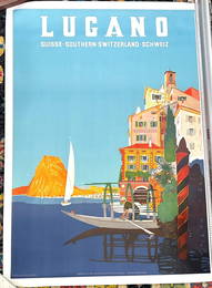 LUGANO 1950 Swiss Travel Poster by Daniel Buzzi~On Linen~(39"x55")