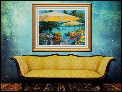 Howard Behrens Hand Embellished Giclee Flowers By The Sea Signed Art Floral Art: Artist: Howard Behrens,Style: Postimpressionism,Listed By: Dealer or Reseller,Unit of Sale: 175,Material: Giclee & Iris,Features: Framed, Matted, Signed,Subject: Figures,Original/Licensed Reprint: