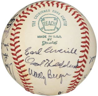 1934 All Star Game Team Signed American League Baseball Beckett COA: Signatures Include: Earl Averill, Oral Hildebrand, Wally Berger, Hal Schumacher, Dick Bartell, Sam West, Max Carey, Warneke, Charlie Gehringer, Bill Dickey, Joe Cronin, Rick Ferrell, Ben Chapman, Wes