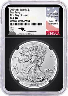 2024 (P) $1 1oz Silver Eagle Star Privy NGC MS70 First Day of Issue Mercanti: Composition: Silver,Certification Number: Actual Cert # Will Vary!!,Strike Type: Mint State,Fineness: 0.999,Grade: MS 70,Precious Metal Content per Unit: 1 oz,Brand/Mint: Struck at