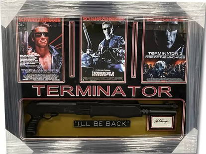 Arnold Schwarzenegger Autographed Custom Framed Cut Terminator W/ Prop JSA: Object Type: Photograph,Autograph Authentication: James Spence (JSA),Industry: Movies,Original/Reproduction: Original,Player: Arnold Schwarzenegger