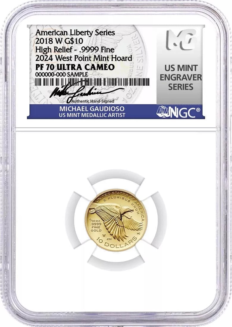 2018 W 1/10 oz Proof Gold American Liberty High Relief NGC PF70 UCAM Gaudioso: Certification Number: Actual Cert # Will Vary,Fineness: 0.9999,Strike Type: Proof,Grade: PF70 UCAM,Precious Metal Content per Unit: 1/10 oz,Brand/Mint: West Point,Certification: NGC,Coin: American Lib