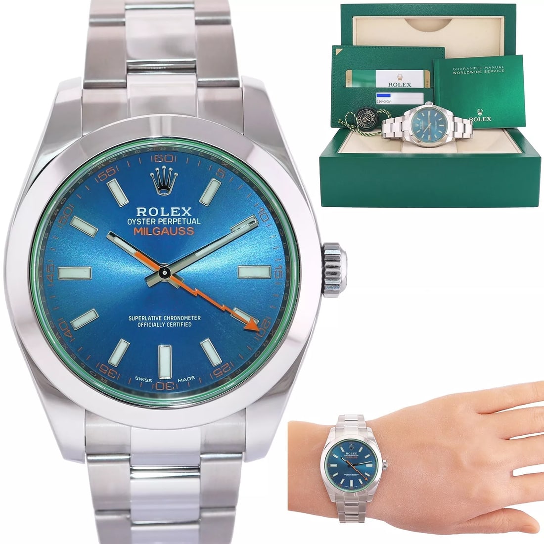 2017 MINT PAPERS Rolex Milgauss Blue Dial Anniversary Green 116400GV Steel Watch (1 of 9)