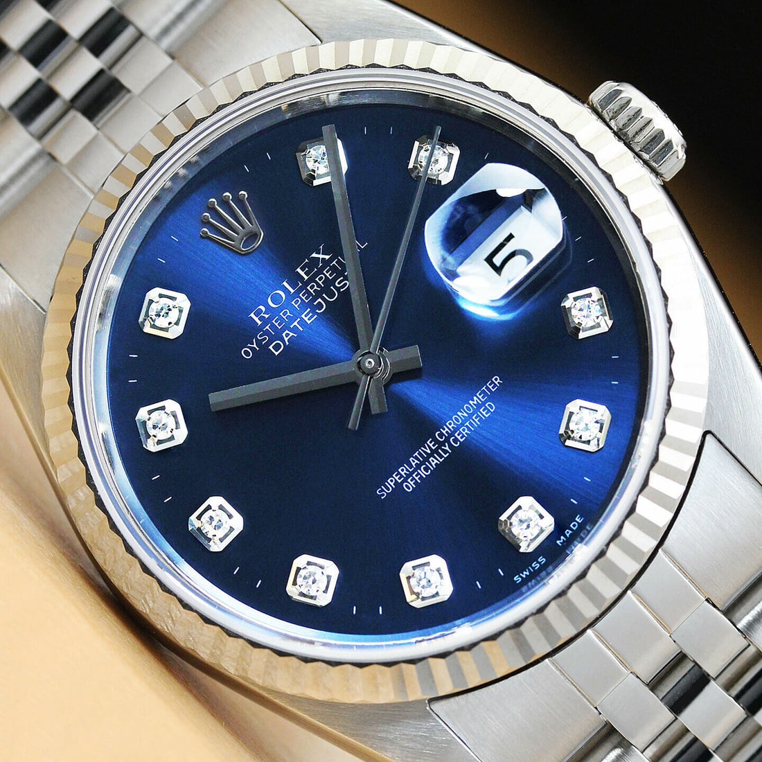 MENS ROLEX DATEJUST 16234 BLUE DIAMOND QUICKSET 18K WHITE GOLD & STEEL WATCH (1 of 2)