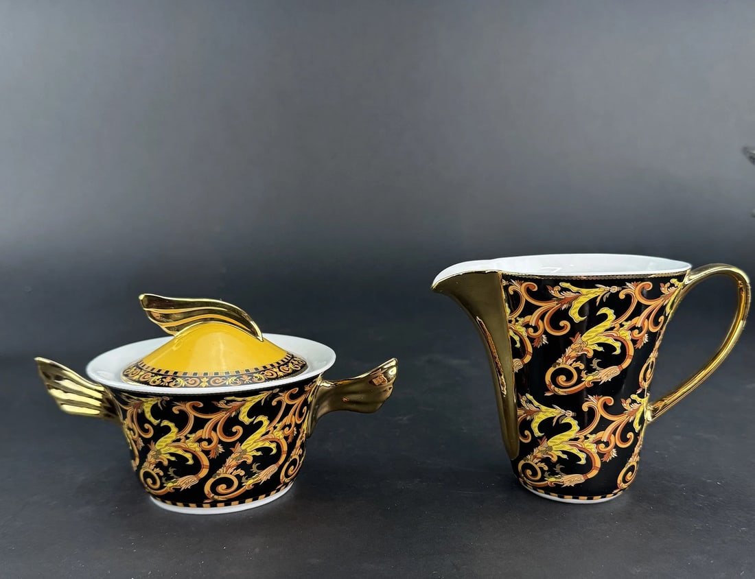 Stunning Versace Rutherford Barocco Italy Gold Covered Sugar Bowl Creamer Set: Condition: Used: An item that has been used previously. The item may have some signs of cosmetic wear, but is fully operational and functions as intended. This item may be a floor model or store retur