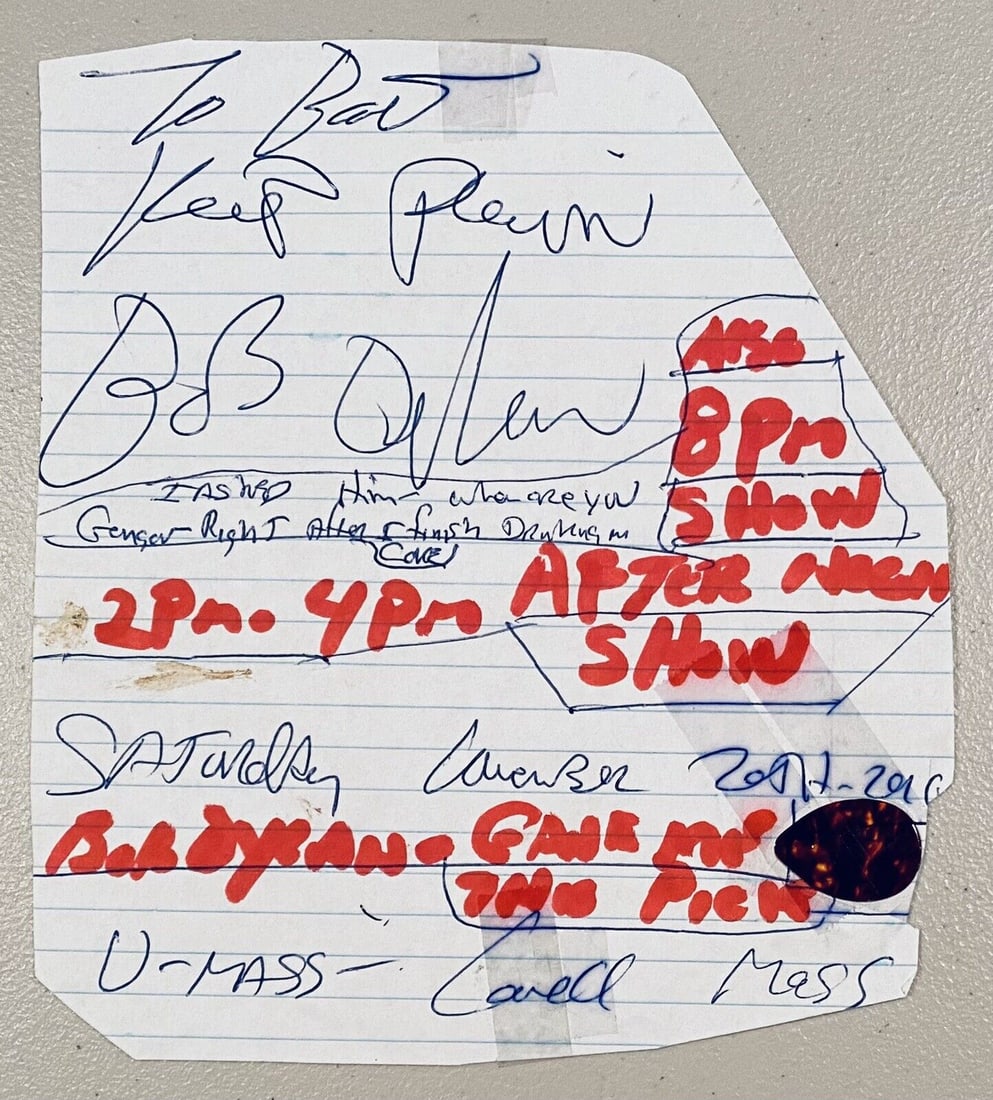 Bob Dylan Signed Autographed 6x7 Page Sheet w/ Concert Used Pick Full JSA Letter: Bob Dylan Signed Autographed 6x7 Page Sheet w/ Concert Used Pick Full JSA Letter