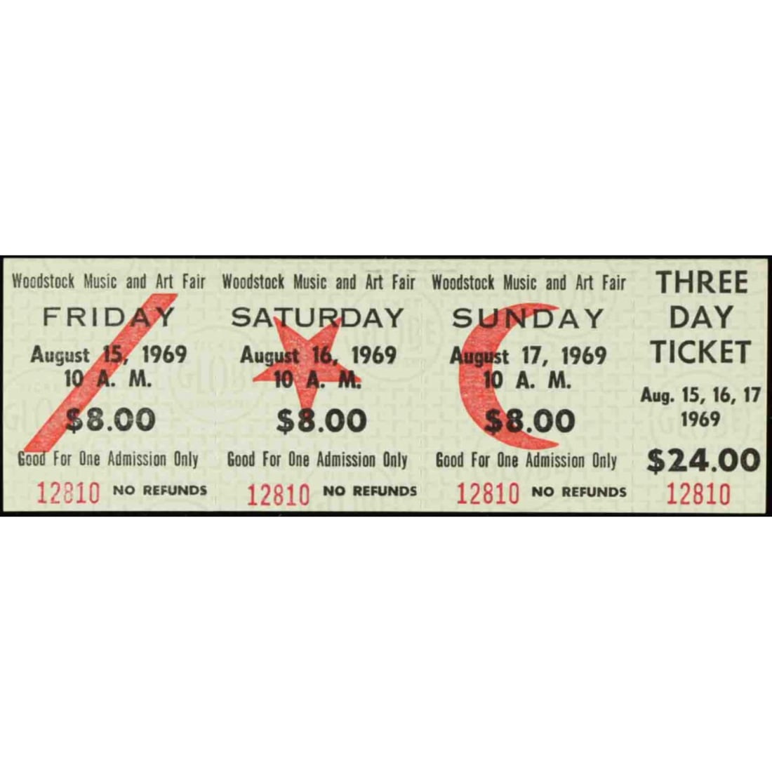 Woodstock Authentic Three Day Unused Ticket from August 15, 16, 17, 1969: Woodstock Authentic Three Day Unused Ticket from August 15, 16, 17, 1969