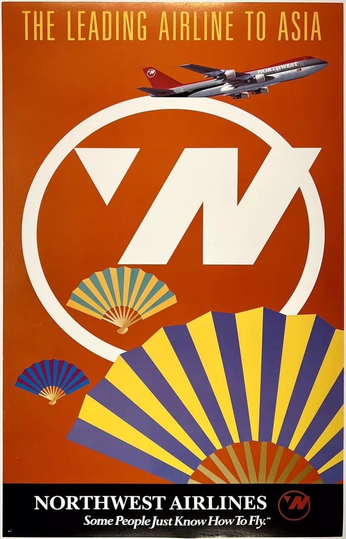 Original Vintage Poster NORTHWEST AIRLINES LEADING AIRLINE TO ASIA Travel LINEN (1 of 5)