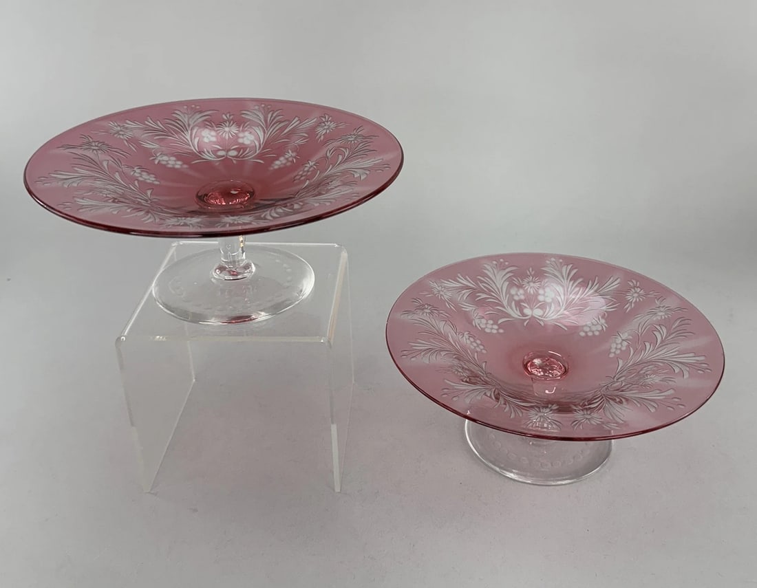 Rare Pair c1915 Carder Steuben Red Cut Clear Low Tazzas Compotes Pedestal Bowls: Condition: Used: An item that has been used previously. The item may have some signs of cosmetic wear, but is fully operational and functions as intended. This item may be a floor model or store retur
