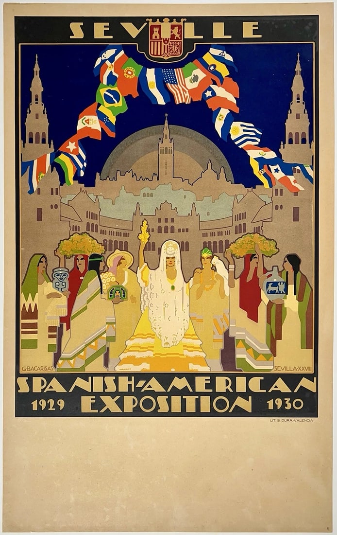 Original Vintage Poster SEVILLE SPANISH AMERICAN EXPOSITION Travel Spain LINEN (1 of 5)