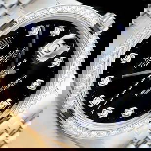 MENS ROLEX DATEJUST BLACK DIAMOND SAPPHIRE 18K WHITE GOLD STEEL WATCH: This is an authentic Rolex watch with a Rolex dial with added custom diamond markers, custom stainless steel jubilee bracelet, and custom 18K white gold sapphire diamond bezel.Descriptions: