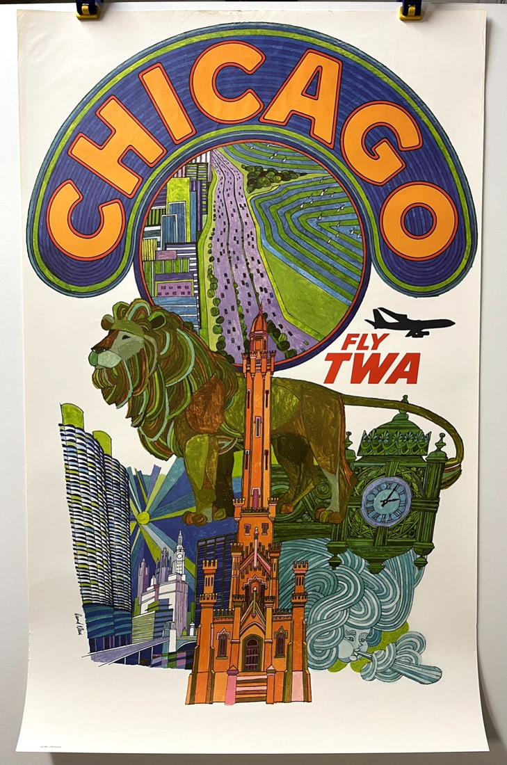 Original Vintage Poster David Klein FLY TWA Chicago Airline Travel Tourism (1 of 1)