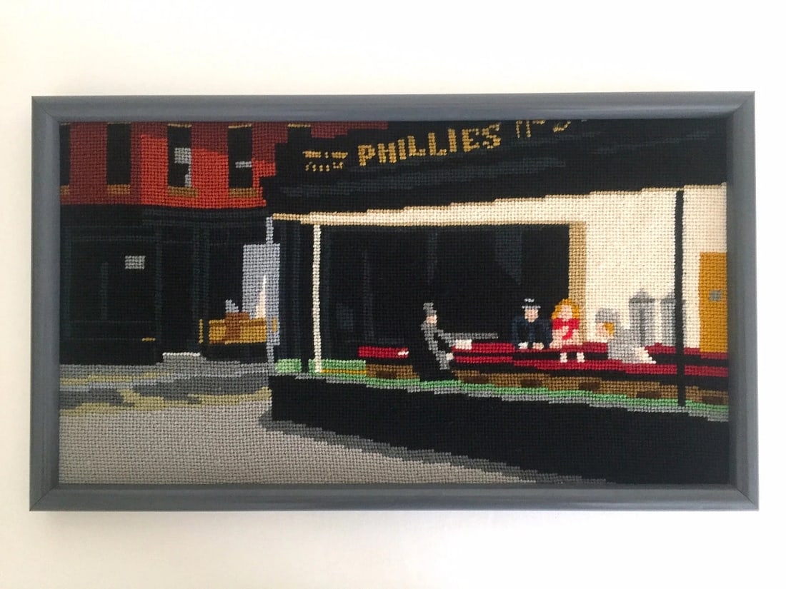 VINTAGE MID CENTURY MODERN EDWARD HOPPER " NIGHTHAWKS " FRAMED NEEDLEPOINT ART: Features: Framed,Width (Inches): 20.75",Production Technique: Hand Needlepoint,Listed By: Dealer or Reseller,Subject: Famous Paintings/Painters,Size: Medium (up to 36in.),Material: Needlepoint Textile