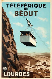 Original Vintage 1930s French Travel Poster - Téléphérique du Béout, Lourdes 30s: Features: Linen Backed,Width (Inches): 12,Listed By: Dealer or Reseller,Subject: Travel,Originality: Original,Size: Medium (up to 36in.),Colour: Multi-Colour,Height (Inches): 23.6,Character: Cable Car