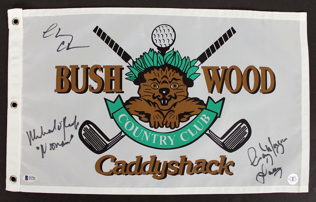 Caddyshack Chevy Chase, Cindy Morgan & Michael O'Keefe Signed Bushwood Flag BAS Witnessed (1 of 1)
