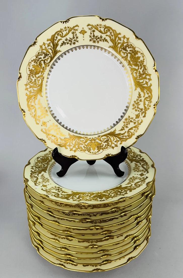 Ornate Set 12 c1910 Limoges French Gilt Dinner Plates Delinieres/Bernardaud: Each plate measures about 10 3/8 inches in diameter.Condition: Used: An item that has been used previously. The item may have some signs of cosmetic wear, but is fully operational and functions as int