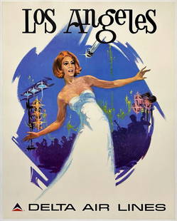 Original Vintage Poster LOS ANGELES DELTA AIR LINES Airline Travel Tourism LINEN: Condition: Used,Type: Poster,Airline: Delta,Country/Region of Manufacture: United States