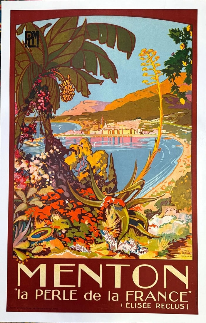 Menton Poster by James Richard 1930 for PLM French Railways Authentic Original: Condition: Used,Artist: RICHARD, james richard,Size: Medium,Color: Blue,Date of Creation: 1900-1949,Material: Canvas, Paper,Certificate of Authenticity (COA): Yes,Original/Licensed Reprint: Original,R