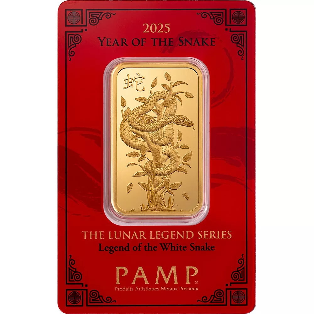 1 oz Gold Bar PAMP 2025 Lunar Legend White Snake 999.9 Fine in Sealed Assay (1 of 5)
