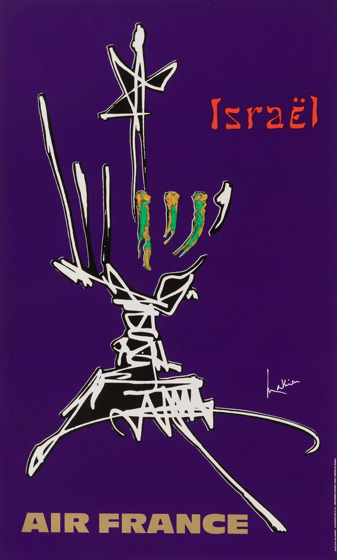 Original Poster - Mathieu G. - Air France - Israel - Menorah - Aviation - 1967: Condition: Used,Artist: Georges Mathieu,Unit of Sale: Single-Piece Work,Size: Large (up to 60in.),Date of Creation: 1950-1969,Original/Licensed Reprint: Original,Subject: Airplane, Aviation, Israel, T