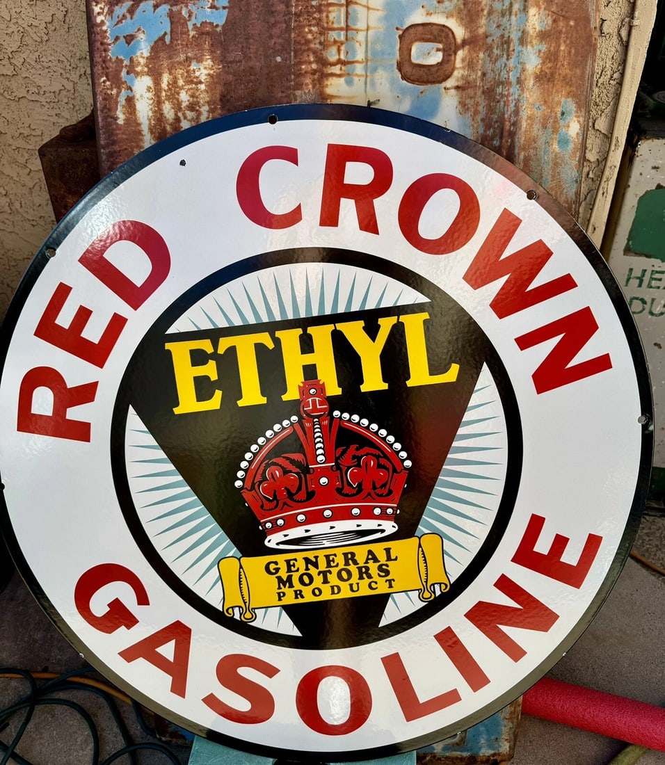 VINTAGE DESIGN GM MOTOR 30?? RED CROWN GASOLINE DOUBLE SIDED PORCELAIN  SIGN (1 of 8)