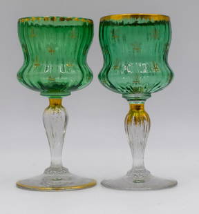 Daum Nancy French Art Glass Wines - Circa 1920 Green & Gold Wine Glasses: Measures 2 3/8" diameter by 4 7/8" high. . Condition: Used,Brand: Daum,Type: Wine Glass,Color: Green & Gold,Year Manufactured: 1920,Production Style: Art Glass