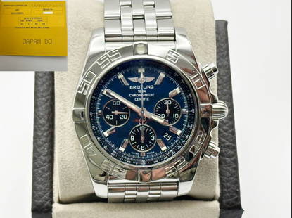 Breitling Chronomat 44 B01 AB0110 Stainless Steel Blue Dial Papers 44mm: Condition: Pre-owned,Bezel Color: Silver,Movement: Mechanical (Automatic),Seller Warranty: Yes,With Papers: Yes,Reference Number: AB0110,Band/Strap: Bracelet,Brand: Breitling,Case Color: Silver,Depart